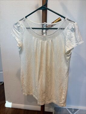 LOFT Cream Short Sleeve Top with Lace Yoke